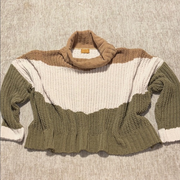 Large POL sweater chenille chunky knit cozy crop green khaki and cream JST393C - Picture 1 of 6